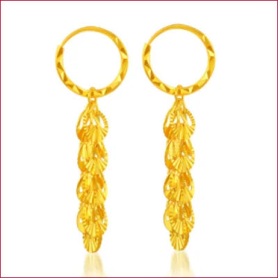 Gold hoop drop earrings featuring leaf-shaped pendants in pure solid 24k gold