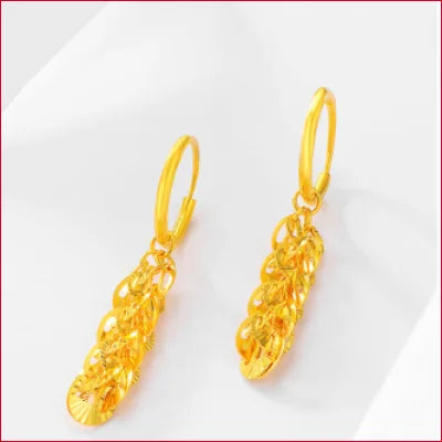 Elegant Pair of 24k Pure Solid Gold Hoop Drop Earrings with Floral Design