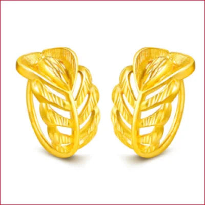 Pair of 24 Karat Pure Gold Heart Leaf Earrings with Intricate Vein Patterns