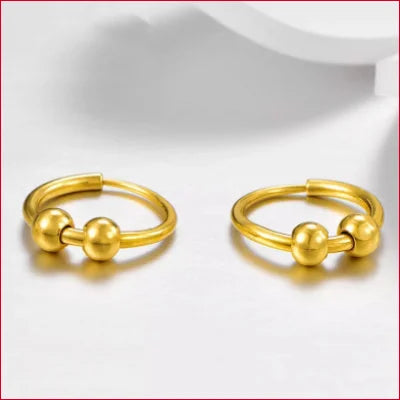 Gold circle hoops earrings with spherical beads in 24K pure gold for women