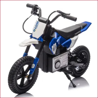 Blue and white toy dirt bike from 24V Electric Dirt Bike for Kids with music and Bluetooth