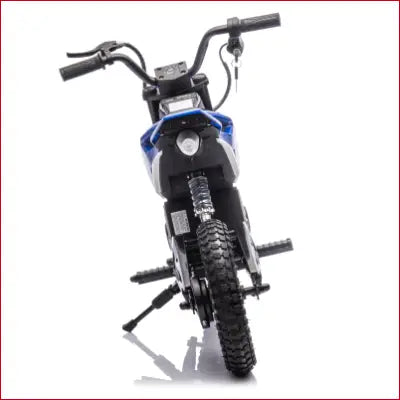 Blue and black toy motorcycle for the 24V Electric Dirt Bike for Kids with Bluetooth features