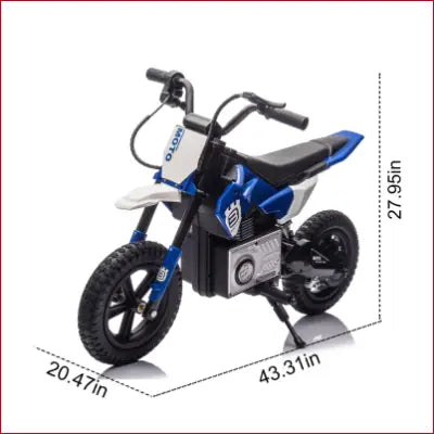 Blue and white 24V Electric Dirt Bike for Kids with dimensions for electric toy enthusiasts