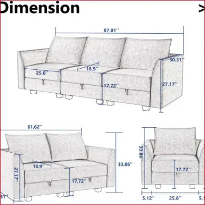 Furniture dimensions diagram for 3 Piece Sofa Sets, including Modular Sofa Set design