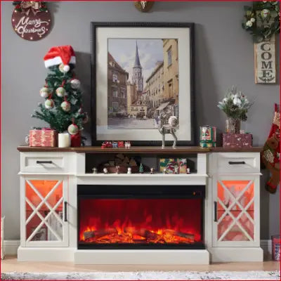 Electric Fireplace with Christmas Decorations on 3-Sided Glass Farmhouse Fireplace TV Stand