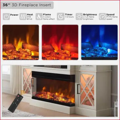 Electric fireplace insert with remote in 3-Sided Glass Farmhouse TV Stand for entertainment