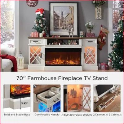 3-Sided Glass Farmhouse Fireplace TV Stand for TVs up to 80 inches, Antique White Entertainment Center