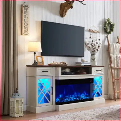 3-Sided Glass Farmhouse Fireplace TV Stand with Electric Fireplace and Antique White Finish