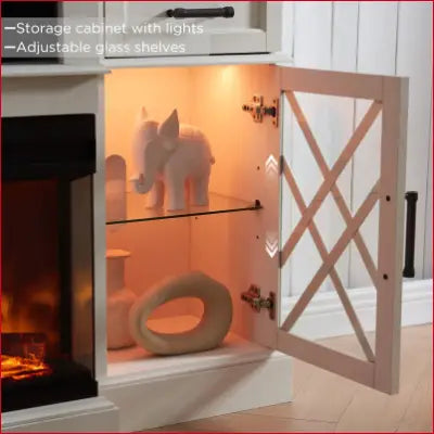 Illuminated storage cabinet with glass shelves in a 3-Sided Glass Farmhouse Fireplace TV Stand