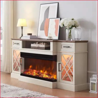 Electric Fireplace Console with Storage in 3-Sided Glass Farmhouse Fireplace TV Stand