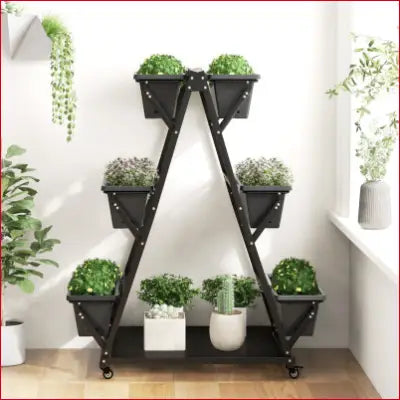 A-frame plant stand showcasing a 3-Tier Vertical Raised Garden Bed with container boxes