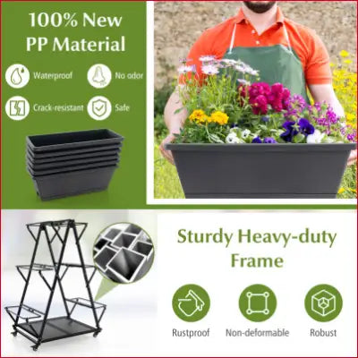 Durable 3-Tier Vertical Raised Garden Bed with 4 wheels and 6 container boxes