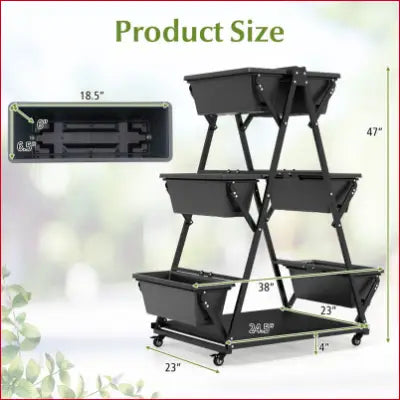 Three-tier vertical raised garden bed on wheels with six container boxes dimensions