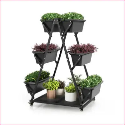 Tiered black metal plant stand for vertical raised garden with 6 container boxes