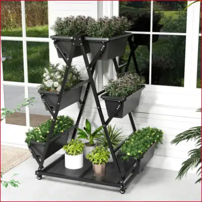 Tiered black metal planter stand for a Vertical Raised Garden with 6 Container Boxes