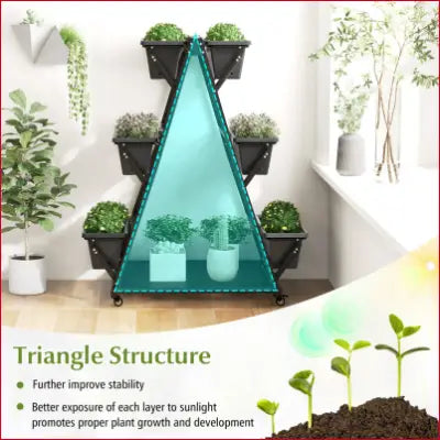 Tiered plant stand with triangular support for Vertical Raised Garden Bed and Container Boxes