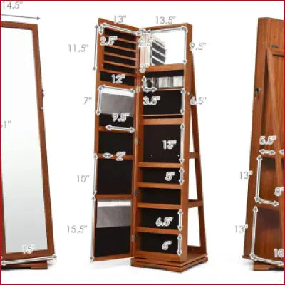 Walnut 360° Swivel Jewelry Armoire with mirror and large storage capacity for organization