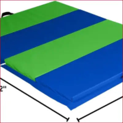 Folding blue and green exercise mat for padded protection in home workouts and gym use