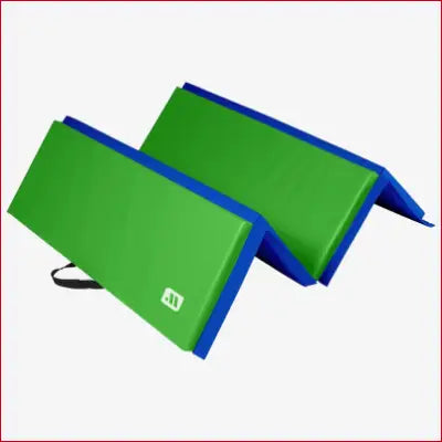 Green and blue folding exercise mat for home workouts, offering padded protection as a gym mat