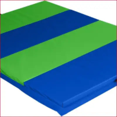 Blue and green striped exercise mat for home workouts, offering padded protection and portability