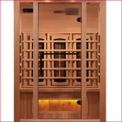 Infrared sauna with glass door and Himalayan salt bar in Canadian Hemlock design