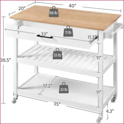 White kitchen island cart on wheels with wooden top and three tiers for versatile storage