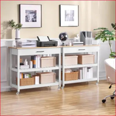 Two white kitchen island carts with tiers rolling utility, solid wood top, and storage shelves