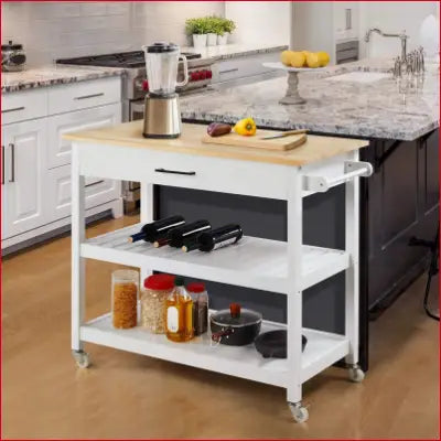 White kitchen island cart with butcher block top and three tiers rolling utility design