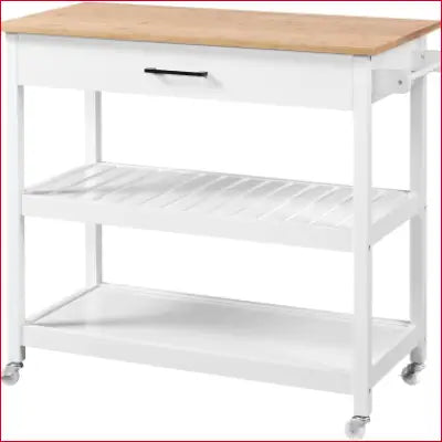 White kitchen island cart with wooden top and wheels, featuring 3 tiers rolling utility