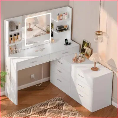 White corner vanity desk with LED lighted mirror and built-in power outlet for makeup