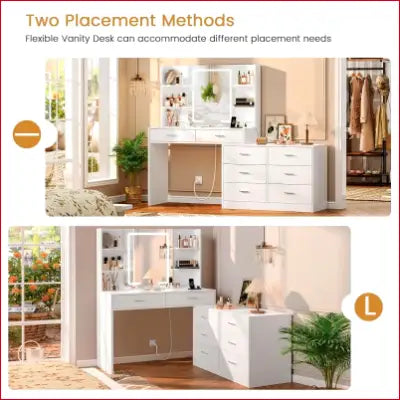 White vanity desk with drawers and LED lighted mirror featuring a mirror power outlet