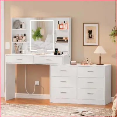 White vanity desk with LED lighted mirror, power outlet, and modern design features