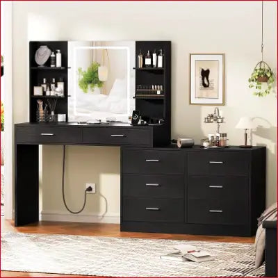 Black vanity desk with LED lighted mirror and power outlet for modern makeup setup