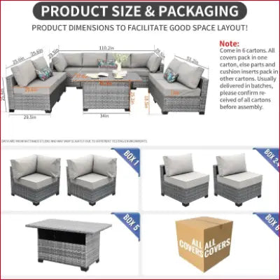 Outdoor sectional wicker furniture set with dimensions and packaging details displayed