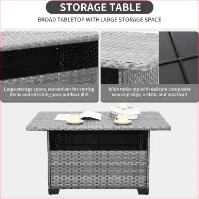 Gray wicker storage table from a 9-piece outdoor sectional wicker furniture set