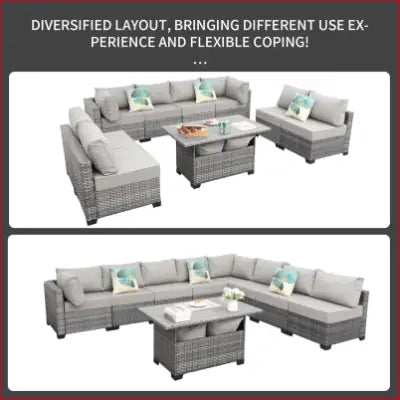 Gray wicker patio furniture set featuring outdoor sectional wicker and plush cushions