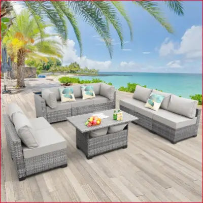 Gray wicker patio furniture set featuring outdoor sectional wicker for stylish conversation