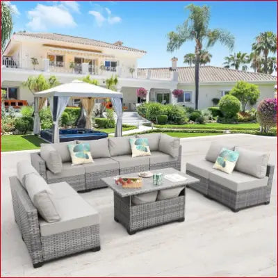 Gray Wicker Outdoor Sectional Furniture Set with Cushions and Storage Table for Patios