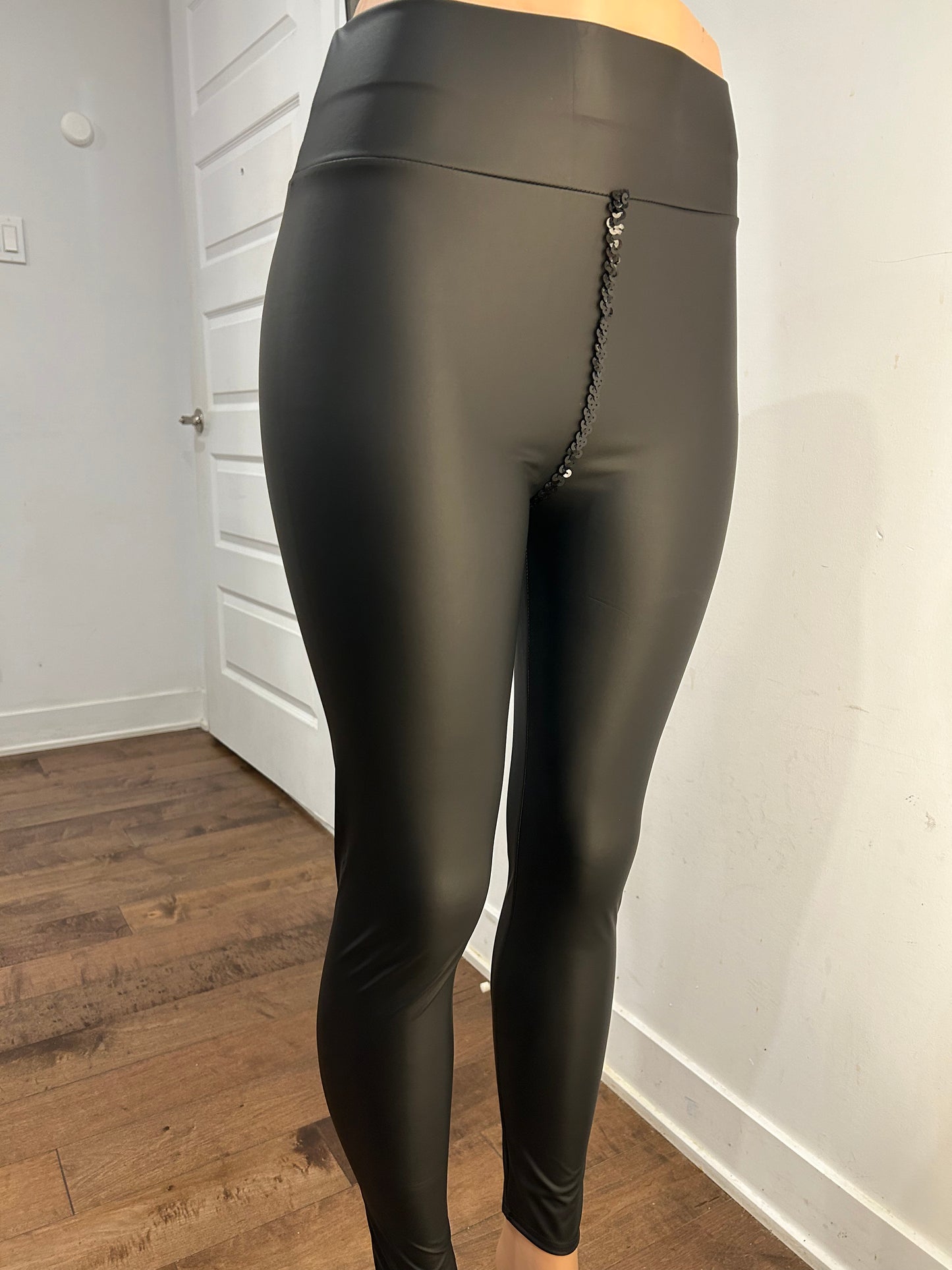 Sequin Crotch Black Leather Leggings