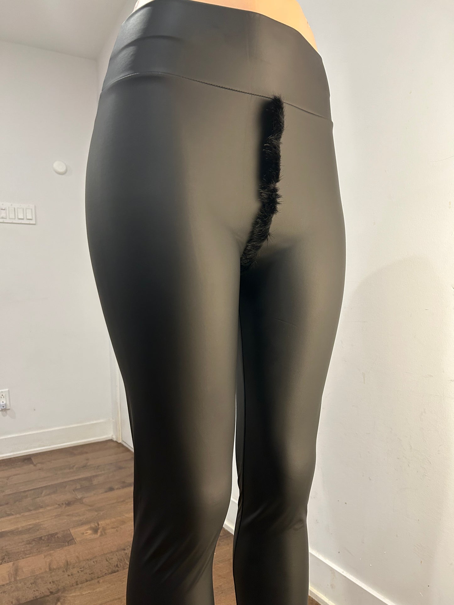 Faux Fur Crotch Black Leather Leggings