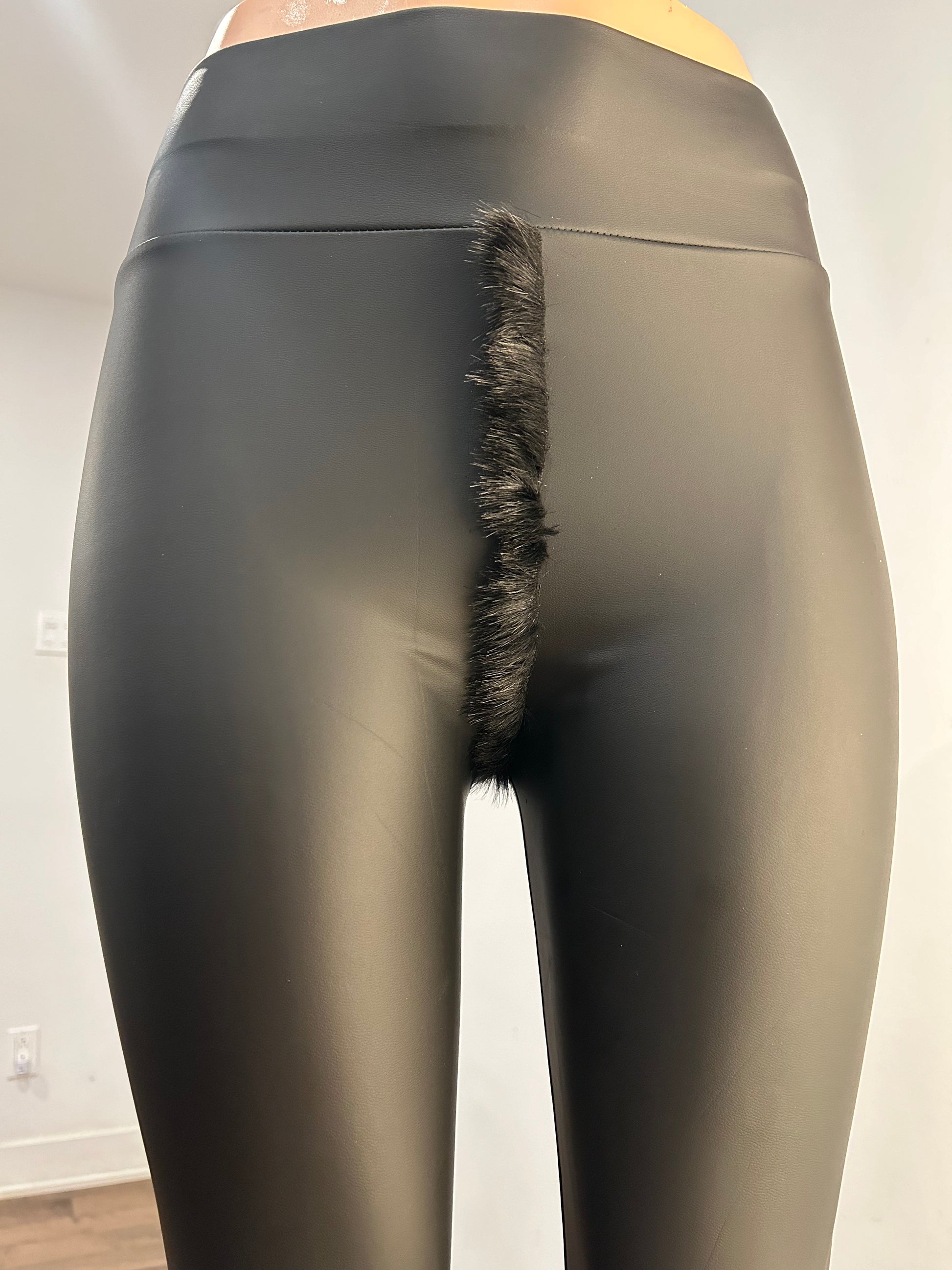 Faux Fur Crotch Black Leather Leggings