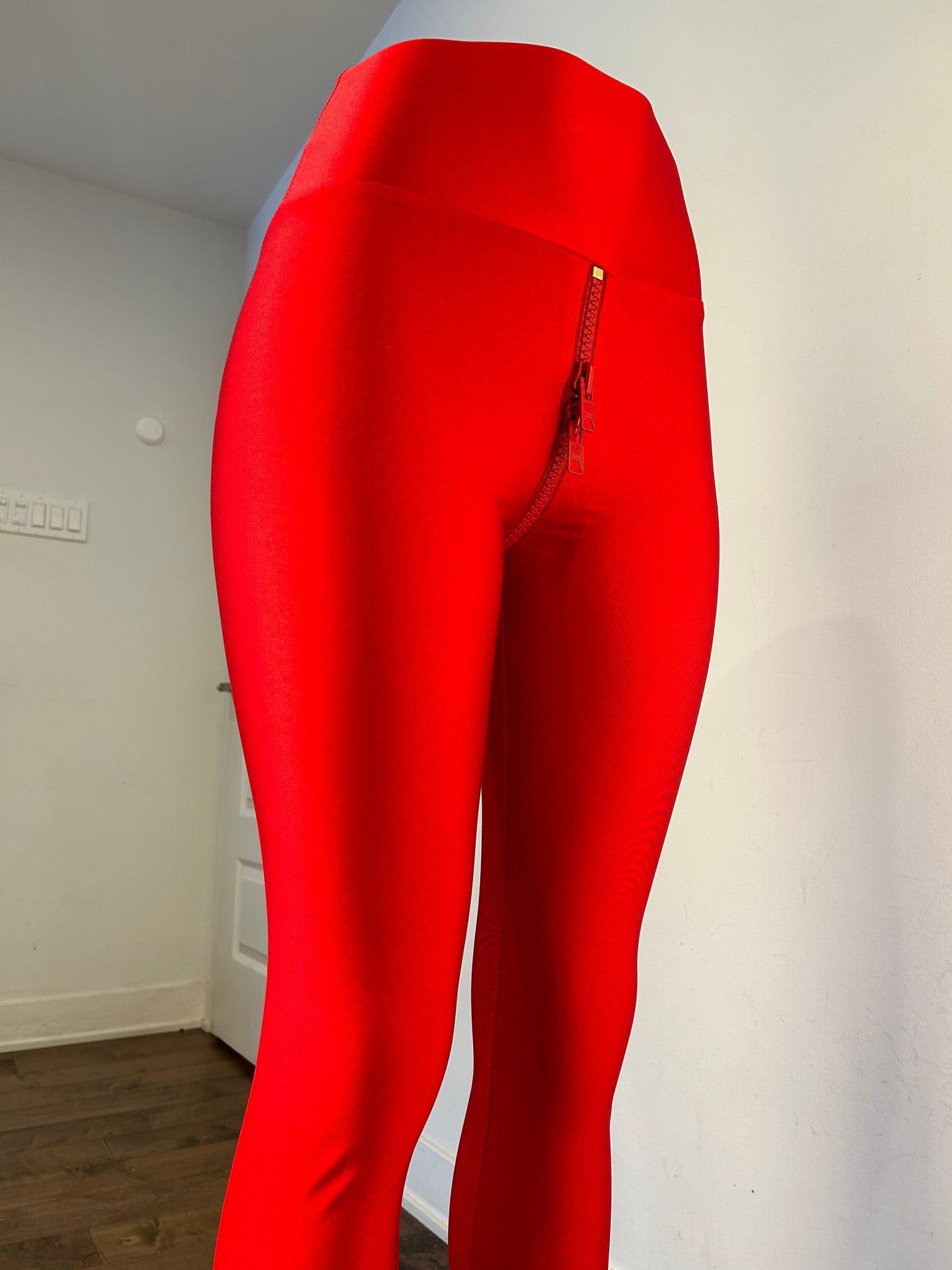 Disco Style Crotch Zipper Red Supplex Leggings