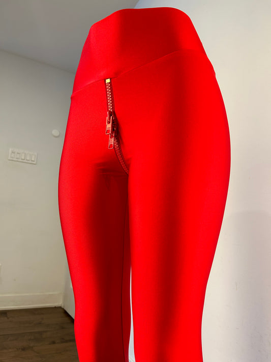 Disco Style Crotch Zipper Red Supplex Leggings