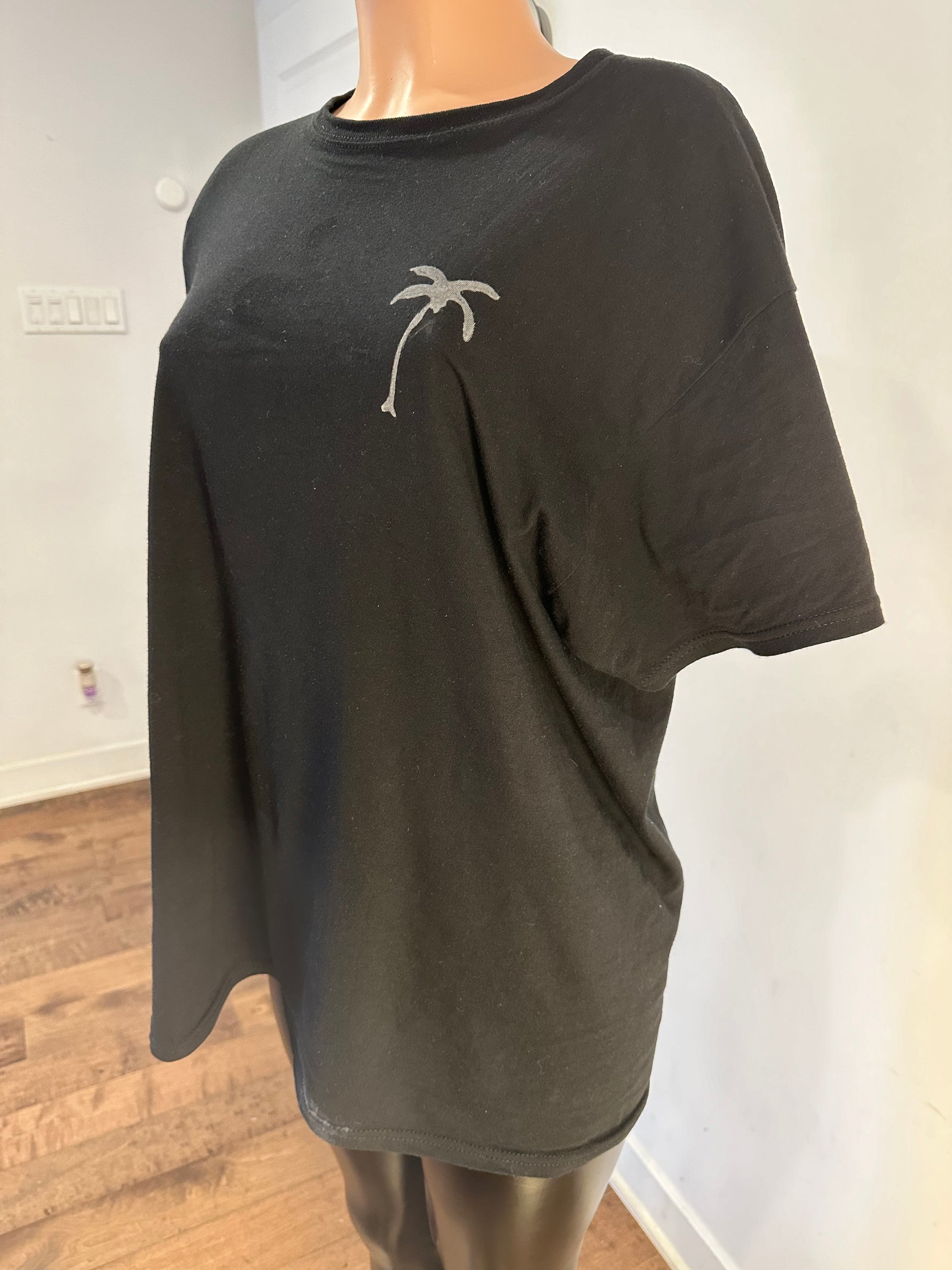 Handmade black crew neck men’s t-shirt with palm tree drawing on chest