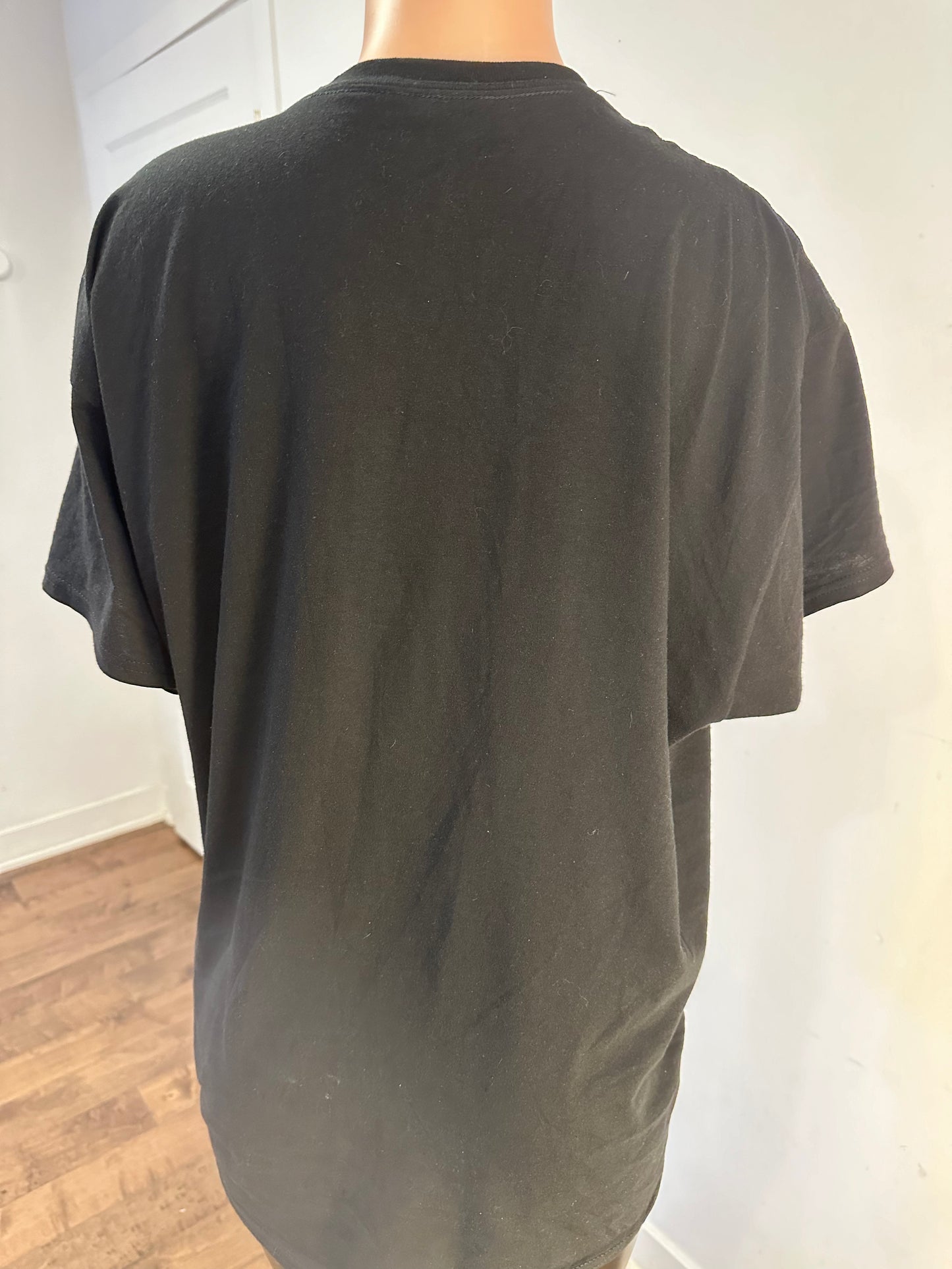 Back view of Handmade Black Crew Neck Men’s T-Shirt featuring a Palm Tree Drawing