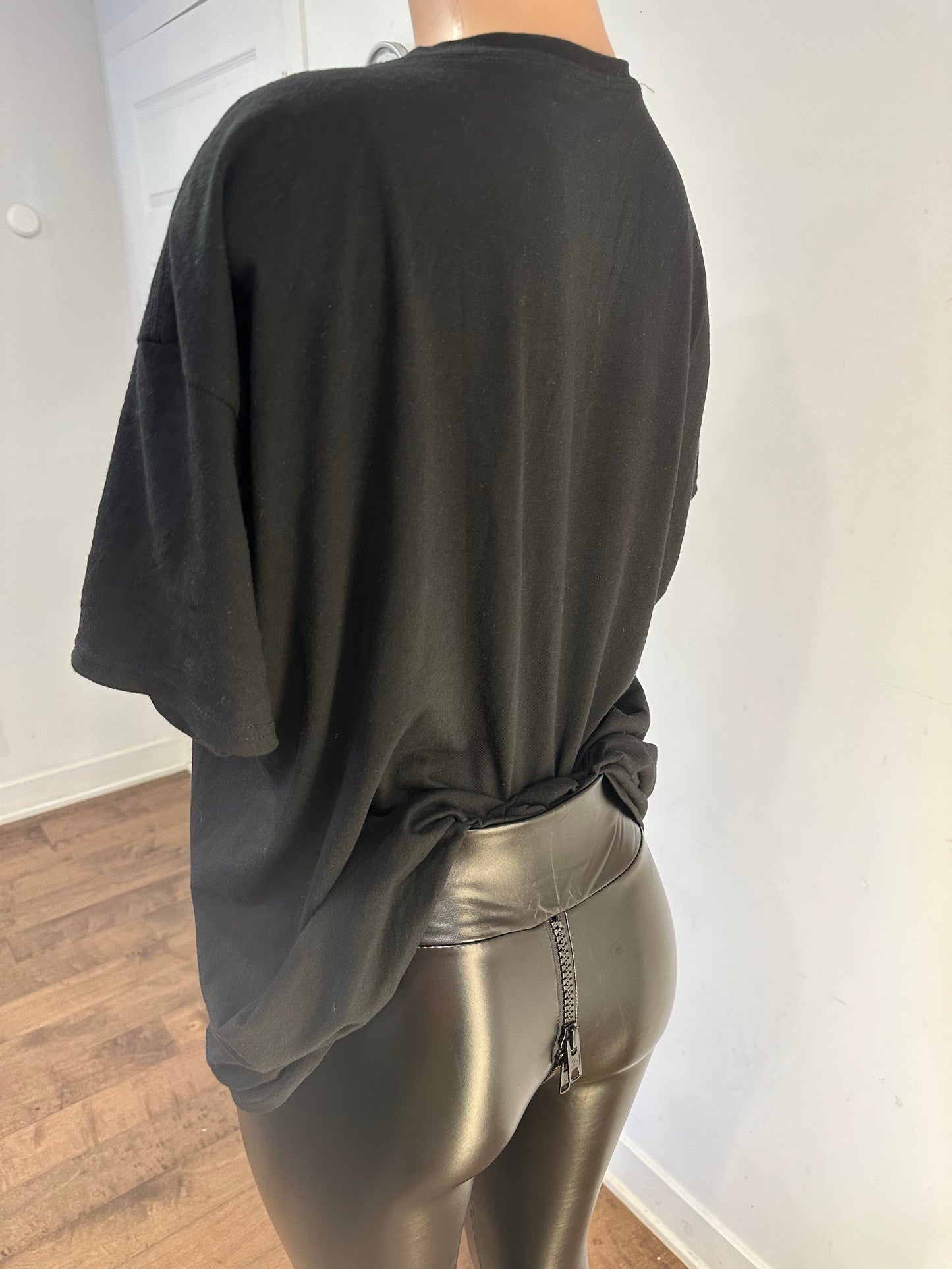 Shiny metallic pants with chain detail paired with Handmade Black Crew Neck T-Shirt