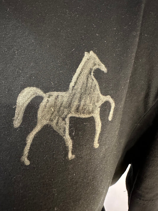 Black Crew Neck Mens TShirt Handmade Horse Drawing