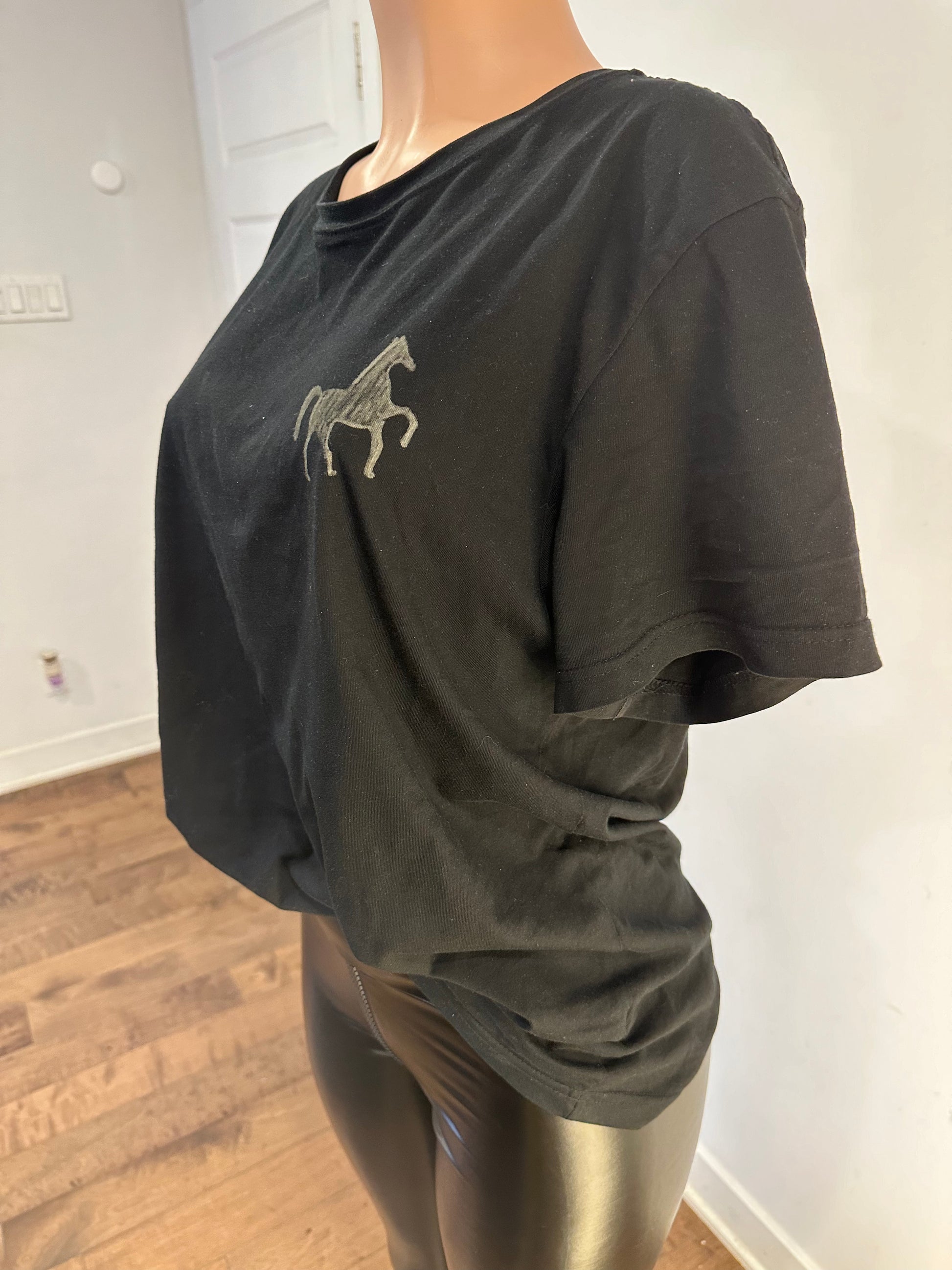 Handmade black crew neck cotton men’s t-shirt with horse silhouette design on chest