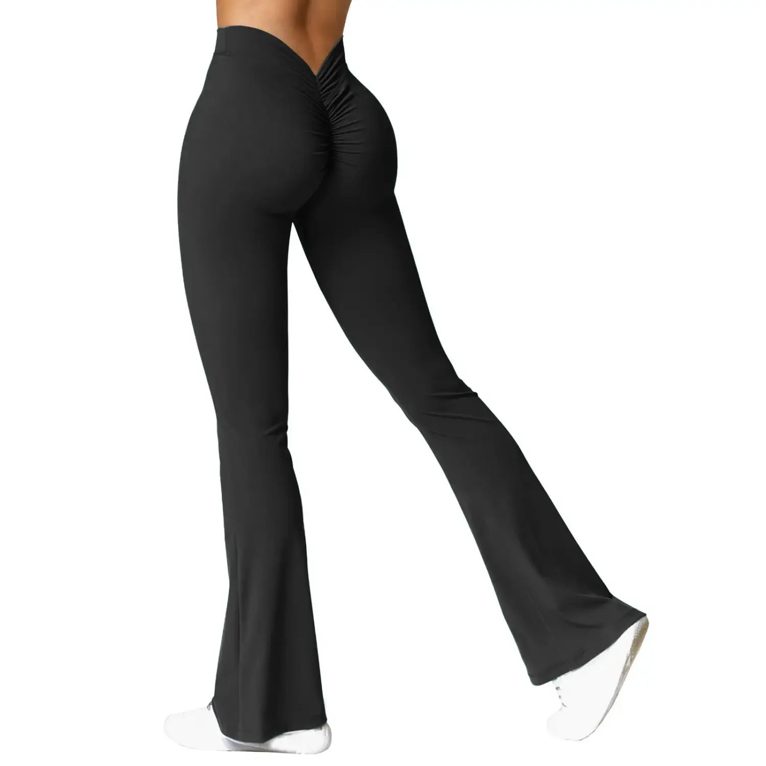 Black flared leggings shown in Fashion Micro Horn Leggings Women V-back Waist Sports Pants