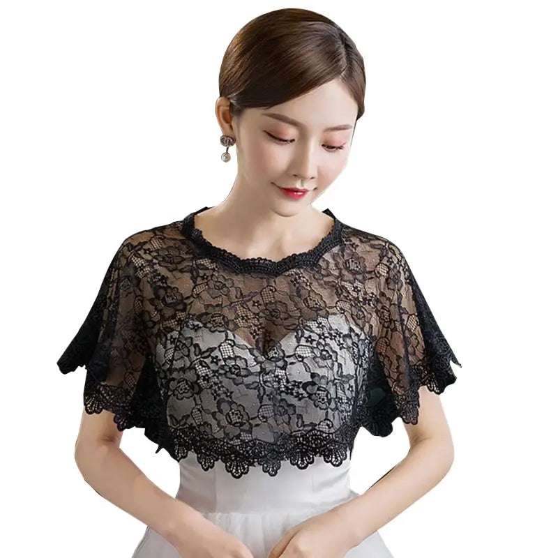 Black lace bolero with floral lace and elegant embroidery for wedding or bridal dress